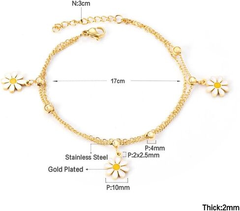 Dainty Daisy Charm Pendant Double Layer Chain Bracelet for Women Stainless Steel Gold Plated Flower Stacking Link Bracelet Adjustable Chain Fashion Jewelry for Her Daughter in Saudi Arabia