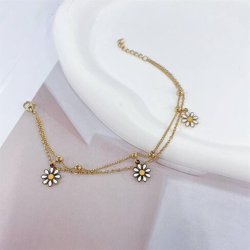 Dainty Daisy Charm Pendant Double Layer Chain Bracelet for Women Stainless Steel Gold Plated Flower Stacking Link Bracelet Adjustable Chain Fashion Jewelry for Her Daughter in Saudi Arabia