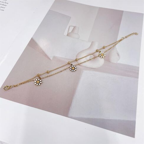 Dainty Daisy Charm Pendant Double Layer Chain Bracelet for Women Stainless Steel Gold Plated Flower Stacking Link Bracelet Adjustable Chain Fashion Jewelry for Her Daughter in Saudi Arabia