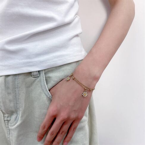 Dainty Daisy Charm Pendant Double Layer Chain Bracelet for Women Stainless Steel Gold Plated Flower Stacking Link Bracelet Adjustable Chain Fashion Jewelry for Her Daughter in Saudi Arabia