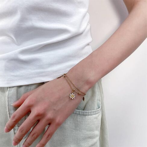 Dainty Daisy Charm Pendant Double Layer Chain Bracelet for Women Stainless Steel Gold Plated Flower Stacking Link Bracelet Adjustable Chain Fashion Jewelry for Her Daughter in Saudi Arabia