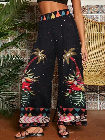 Women's Wide-Leg Pants with Elastic Waist, Fashionable Boho Ethnic Style Trousers, Suitable for Summer Vacation Wear in Saudi Arabia