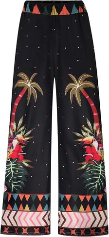 Women's Wide-Leg Pants with Elastic Waist, Fashionable Boho Ethnic Style Trousers, Suitable for Summer Vacation Wear in Saudi Arabia
