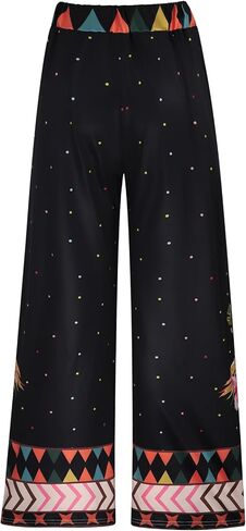 Women's Wide-Leg Pants with Elastic Waist, Fashionable Boho Ethnic Style Trousers, Suitable for Summer Vacation Wear in Saudi Arabia