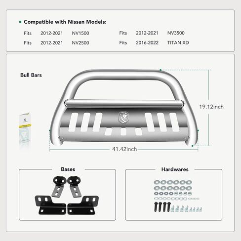 YHTAUTO 3" Bull Bar Push Bar w/Skid Plate Light Mount Fit Nissan Models, Titan XD 2016-2022, NV1500 NV2500 NV3500 2012-2021, Alloy Steel Brush Guard for Truck Front Bumper Off Road Accessories in Saudi Arabia