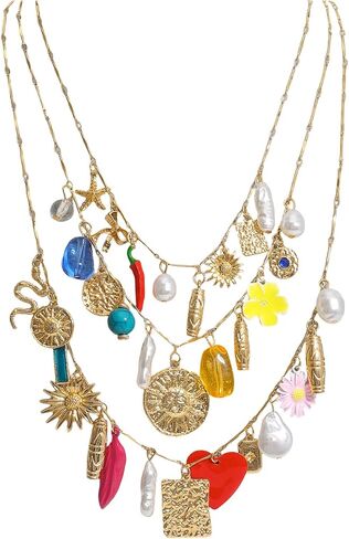 Vintage 3-Layered Pendant Charm Necklace for Women, Bohemian Ethnic Triple Layer Stackable Chain Necklace, Unique Statement Jewelry for Party Gift in Saudi Arabia