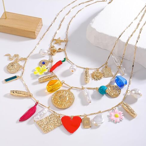 Vintage 3-Layered Pendant Charm Necklace for Women, Bohemian Ethnic Triple Layer Stackable Chain Necklace, Unique Statement Jewelry for Party Gift in Saudi Arabia