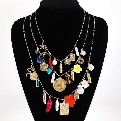 Vintage 3-Layered Pendant Charm Necklace for Women, Bohemian Ethnic Triple Layer Stackable Chain Necklace, Unique Statement Jewelry for Party Gift in Saudi Arabia