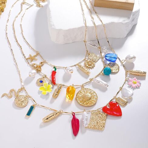 Vintage 3-Layered Pendant Charm Necklace for Women, Bohemian Ethnic Triple Layer Stackable Chain Necklace, Unique Statement Jewelry for Party Gift in Saudi Arabia