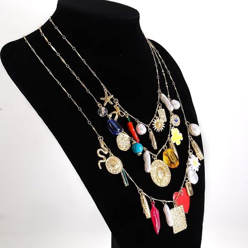 Vintage 3-Layered Pendant Charm Necklace for Women, Bohemian Ethnic Triple Layer Stackable Chain Necklace, Unique Statement Jewelry for Party Gift in Saudi Arabia