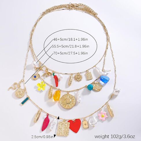 Vintage 3-Layered Pendant Charm Necklace for Women, Bohemian Ethnic Triple Layer Stackable Chain Necklace, Unique Statement Jewelry for Party Gift in Saudi Arabia