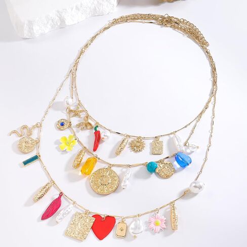 Vintage 3-Layered Pendant Charm Necklace for Women, Bohemian Ethnic Triple Layer Stackable Chain Necklace, Unique Statement Jewelry for Party Gift in Saudi Arabia