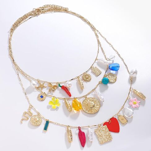 Vintage 3-Layered Pendant Charm Necklace for Women, Bohemian Ethnic Triple Layer Stackable Chain Necklace, Unique Statement Jewelry for Party Gift in Saudi Arabia