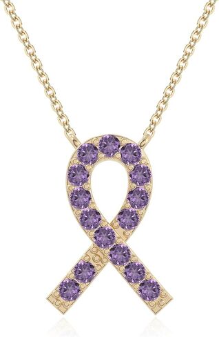 Natural Gemstone Cancer Ribbon Pendant Necklaces for Women in Silver/18K Yellow/Rose Gold Vermeil, Birthstone Jewelry Gifts for Her Birthday, Anniversary, Wedding in Saudi Arabia