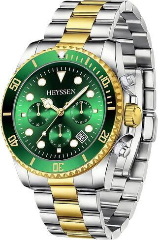 Watches For Men Quartz Stainless Steel: Dress Watch For Mens Wrist Luxury Gold And Silver Metal Two Tone Black Dial Big Analog Classic Diver Waterproof Chronograph Green Face Business Man Gift in Saudi Arabia