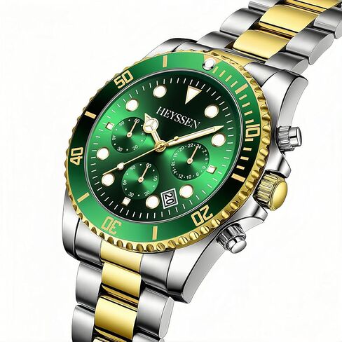 Watches For Men Quartz Stainless Steel: Dress Watch For Mens Wrist Luxury Gold And Silver Metal Two Tone Black Dial Big Analog Classic Diver Waterproof Chronograph Green Face Business Man Gift in Saudi Arabia