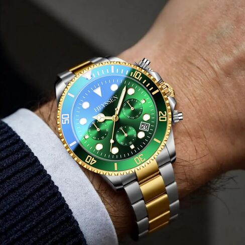 Watches For Men Quartz Stainless Steel: Dress Watch For Mens Wrist Luxury Gold And Silver Metal Two Tone Black Dial Big Analog Classic Diver Waterproof Chronograph Green Face Business Man Gift in Saudi Arabia