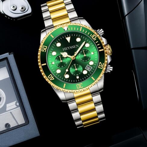 Watches For Men Quartz Stainless Steel: Dress Watch For Mens Wrist Luxury Gold And Silver Metal Two Tone Black Dial Big Analog Classic Diver Waterproof Chronograph Green Face Business Man Gift in Saudi Arabia