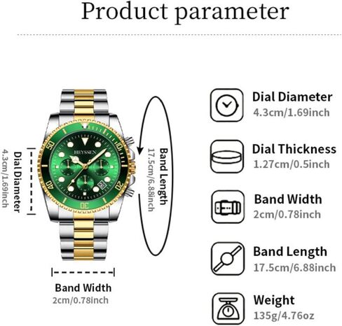 Watches For Men Quartz Stainless Steel: Dress Watch For Mens Wrist Luxury Gold And Silver Metal Two Tone Black Dial Big Analog Classic Diver Waterproof Chronograph Green Face Business Man Gift in Saudi Arabia