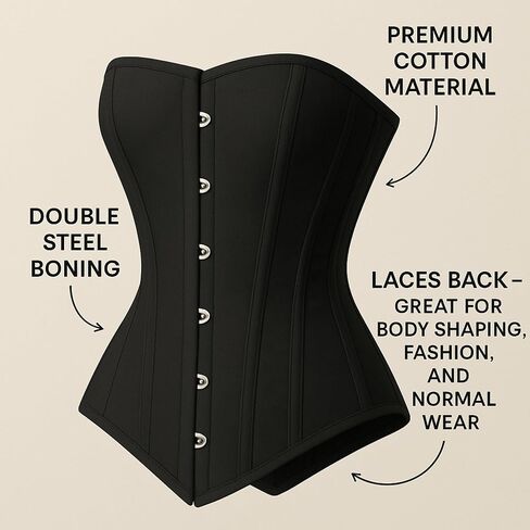 Heavy Duty Double Steel Boned Overbust Corset | Black Cotton Shapewear | Waist Cincher & Posture Support in Saudi Arabia