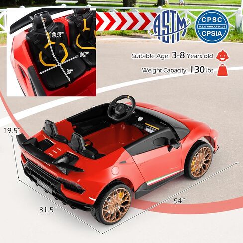 Costzon 2-Seater Ride on Car, Licensed Lamborghini Poison, 12V Battery Powered Kids Car w/ 2.4G Remote Control, 3 Speed, Swing Mode, LED Lights, Horn, USB/MP3/TF, Electric Vehicle for Toddlers, White in Kuwait
