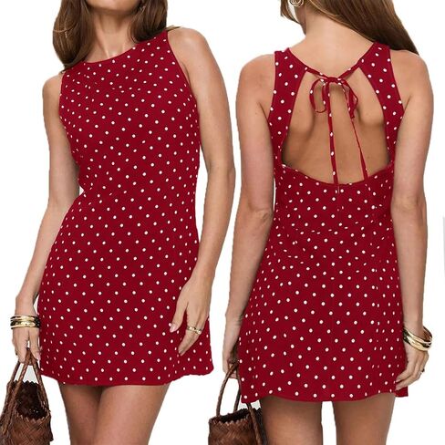 LOFAAC Women Sexy Polka Dots Tie Back Mini Dress Y2K Slim Fit Sleeveless Crew Neck Backless Going Out Short Dress in Kuwait