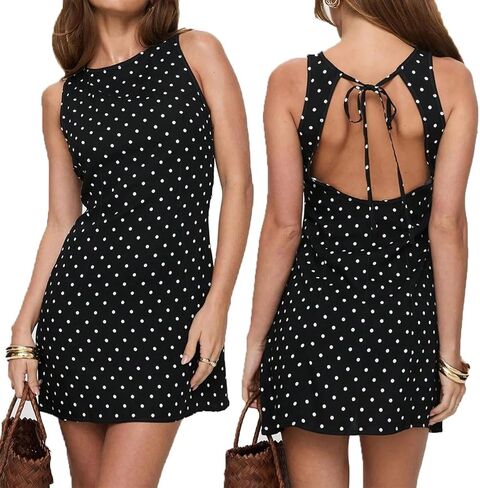 LOFAAC Women Sexy Polka Dots Tie Back Mini Dress Y2K Slim Fit Sleeveless Crew Neck Backless Going Out Short Dress in Kuwait