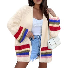 BB&KK Womens Long Cardigan Sweaters Oversized Striped Color Block 2025 Fall Long Lantern Sleeve Knit Open Front Sweater in Kuwait