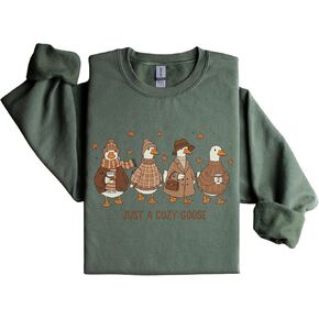 Cozy Goose Graphic Sweatshirt for Women, Funny Fall Pullover Gift, Cute Autumn Outfit with Cartoon Ducks, Casual Warm Crewneck Top White in Kuwait