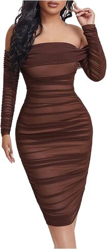 WDIRARA Women's Off The Shoulder Mesh Midi Dress Ruched Long Sleeve Bodycon Dresses in Saudi Arabia