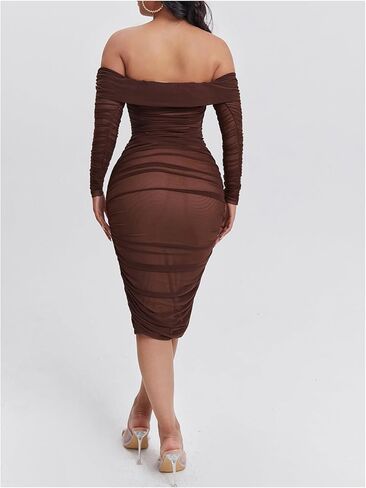 WDIRARA Women's Off The Shoulder Mesh Midi Dress Ruched Long Sleeve Bodycon Dresses in Saudi Arabia