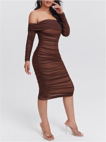 WDIRARA Women's Off The Shoulder Mesh Midi Dress Ruched Long Sleeve Bodycon Dresses in Saudi Arabia