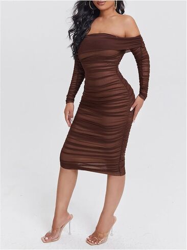 WDIRARA Women's Off The Shoulder Mesh Midi Dress Ruched Long Sleeve Bodycon Dresses in Saudi Arabia