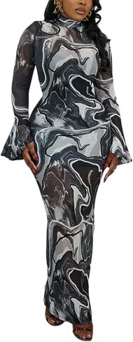 Women's Tie Dye Printed Mesh Bodycon Maxi Dress Sexy Mock Neck Bell Long Sleeve Long Dress Party Club Vacation Outfits in Saudi Arabia
