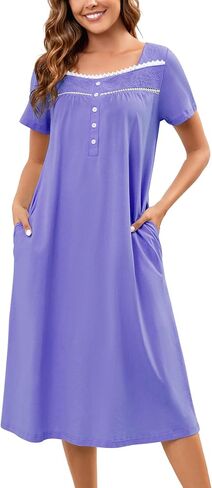 Bloggerlove 100% Cotton Nightgowns for Women Embroidery Pleated Button House Dress Long Moomoo Nightgown with Pockets in Saudi Arabia