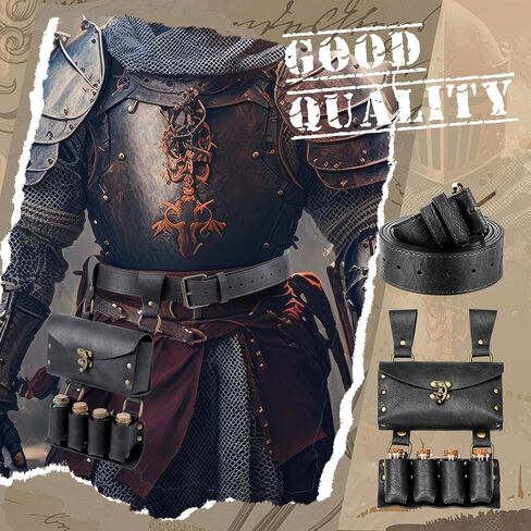 Geyoga 2 قطعة حزام عصر النهضة حزام جرعة رن Faire زي الملحقات القرون الوسطى تنقش الكيمياء فو الجلود مشبك حزام مع 4 قوارير الفلين زجاجة هالوين تأثيري الملحقات للنساء الرجال البني in Saudi Arabia