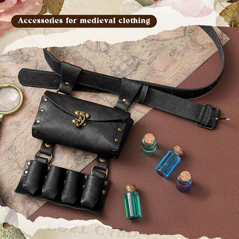 Geyoga 2 قطعة حزام عصر النهضة حزام جرعة رن Faire زي الملحقات القرون الوسطى تنقش الكيمياء فو الجلود مشبك حزام مع 4 قوارير الفلين زجاجة هالوين تأثيري الملحقات للنساء الرجال البني in Saudi Arabia