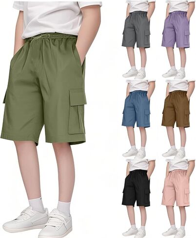 Boys' Pull on Cargo Shorts School Uniform Athletic Shorts for Teens Quick Dry Flap Pocket Khaki Cargo Pants Hiking Pants in Saudi Arabia