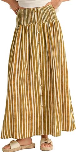 InterNos Womens Striped Maxi Skirt Trendy Front Buttons Elastic Waistband A-Line Boho Long Skirt with Pockets in Kuwait