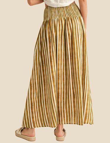 InterNos Womens Striped Maxi Skirt Trendy Front Buttons Elastic Waistband A-Line Boho Long Skirt with Pockets in Kuwait
