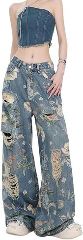 Women's Jeans, Women's Retro Floral Print with Holes, Loose Straight Leg Wide Leg Denim Pants, Y2K Jeans in Kuwait