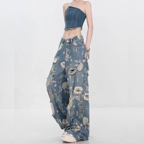 Women's Jeans, Women's Retro Floral Print with Holes, Loose Straight Leg Wide Leg Denim Pants, Y2K Jeans in Kuwait