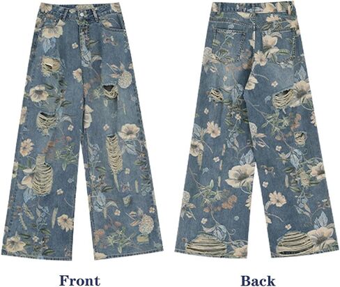 Women's Jeans, Women's Retro Floral Print with Holes, Loose Straight Leg Wide Leg Denim Pants, Y2K Jeans in Kuwait