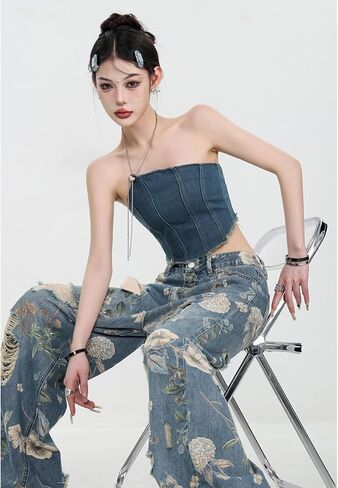 Women's Jeans, Women's Retro Floral Print with Holes, Loose Straight Leg Wide Leg Denim Pants, Y2K Jeans in Kuwait
