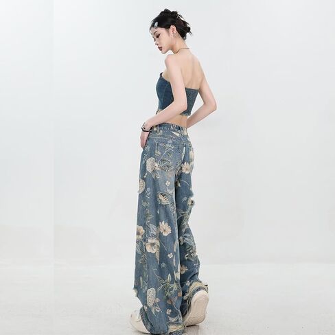 Women's Jeans, Women's Retro Floral Print with Holes, Loose Straight Leg Wide Leg Denim Pants, Y2K Jeans in Kuwait