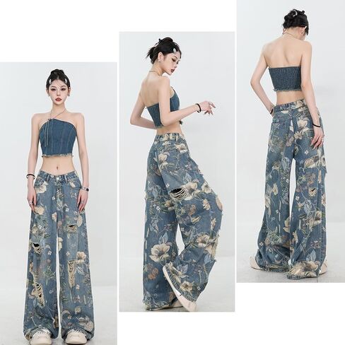 Women's Jeans, Women's Retro Floral Print with Holes, Loose Straight Leg Wide Leg Denim Pants, Y2K Jeans in Kuwait