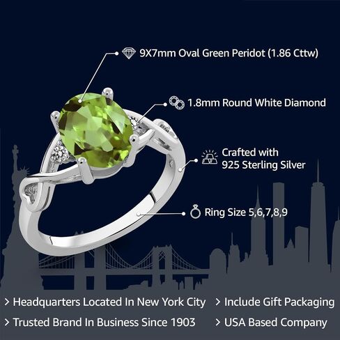 Gem Stone King 1.86 Cttw Green Peridot and White Diamond 3-Stone Ring For Women | 925 Sterling Silver | Gemstone Birthstone | 3 Stone Wedding Engagement Anniversary Promise Ring in Saudi Arabia