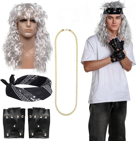 Lystaii 1980s Rock الباروكات اكسسوارات الحفلات شعر مستعار طويل الروك للرجال إكسسوارات Rockstar إكسسوارات الشرير مع 80s Rockstar الباروكات عصابات الرأس قفازات جلدية قلادة in Kuwait