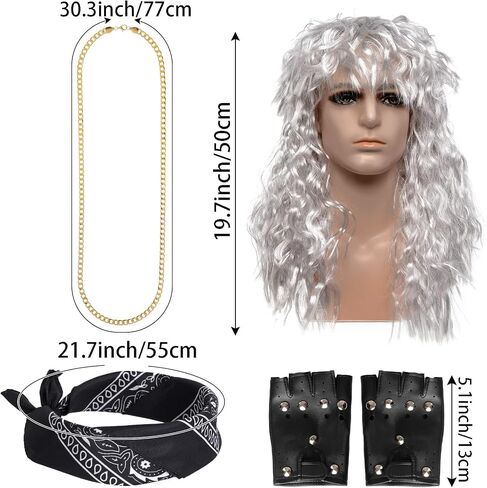 Lystaii 1980s Rock الباروكات اكسسوارات الحفلات شعر مستعار طويل الروك للرجال إكسسوارات Rockstar إكسسوارات الشرير مع 80s Rockstar الباروكات عصابات الرأس قفازات جلدية قلادة in Kuwait
