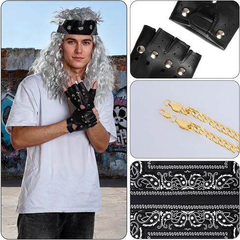 Lystaii 1980s Rock الباروكات اكسسوارات الحفلات شعر مستعار طويل الروك للرجال إكسسوارات Rockstar إكسسوارات الشرير مع 80s Rockstar الباروكات عصابات الرأس قفازات جلدية قلادة in Kuwait